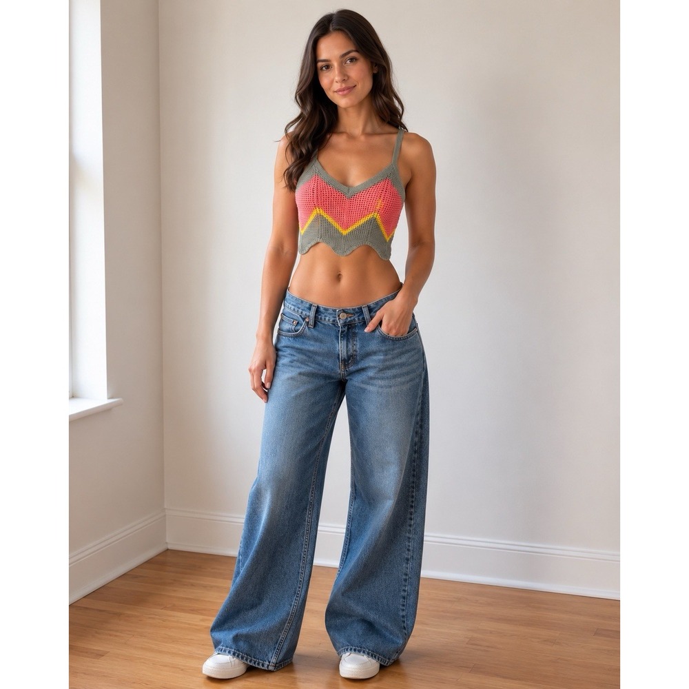 Crochet Crop Top Women Green Pink Yellow Boho Festival Y2K Scallop Hem Cami S